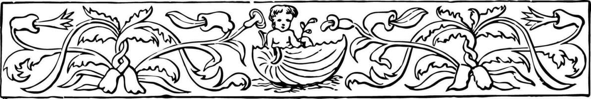 Banner have contains a little cherub sitting in a sea shell in this pattern vintage engraving. vector