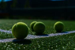 View of empty lawn tennis court with tennis ball photo