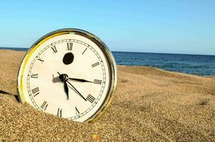 a clock sitting in the sand on the beach photo