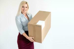 picture of attractive businesswoman delivering cardboard box photo