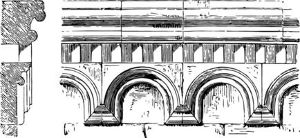 porticado cornisa poligonal final de un coro y presbiterio o capilla Clásico grabado. vector