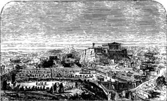 Athens restored from the Pnyx vintage engraving. vector