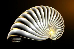 3d fibonacci secuencia dorado relación. geométrico formas espiral. caracol espiral. mar cáscara de blanco círculos sagrado geometría oro logo modelo. vector aislado en negro antecedentes