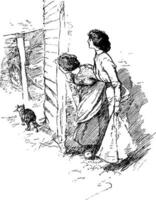 Two Women Peeking Around a Corner, vintage illustration vector