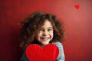 ai generado retrato de un linda pequeño niña con rojo corazón en san valentin día concepto. foto