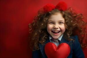 ai generado retrato de un linda pequeño niña con rojo corazón en san valentin día concepto. foto