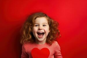 ai generado retrato de un linda pequeño niña con rojo corazón en san valentin día concepto. foto