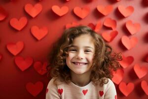 ai generado retrato de un linda pequeño niña con rojo corazón en san valentin día concepto. foto