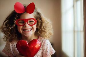 ai generado retrato de un linda pequeño niña con rojo corazón en san valentin día concepto. foto