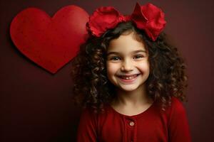 ai generado retrato de un linda pequeño niña con rojo corazón en san valentin día concepto. foto