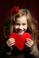 ai generado retrato de un linda pequeño niña con rojo corazón en san valentin día concepto. foto