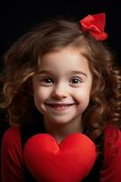 ai generado retrato de un linda pequeño niña con rojo corazón en san valentin día concepto. foto