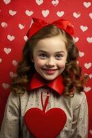 ai generado retrato de un linda pequeño niña con rojo corazón en san valentin día concepto. foto