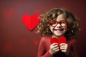 AI generated Portrait of a cute little girl with red heart on Valentines day concept. photo