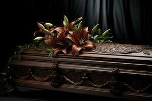 AI generated Funeral casket with flowers on dark background photo