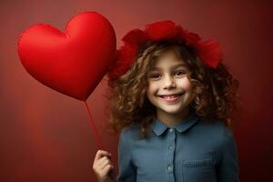 ai generado retrato de un linda pequeño niña con rojo corazón en san valentin día concepto. foto