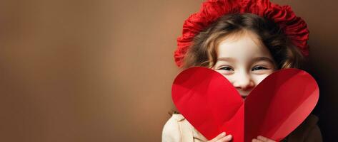 ai generado retrato de un linda pequeño niña con rojo corazón en san valentin día concepto. foto