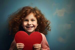 AI generated Portrait of a cute little girl with red heart on Valentines day concept. photo