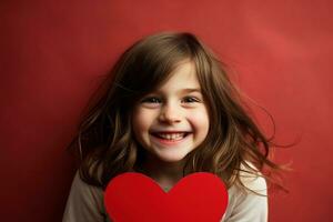 ai generado retrato de un linda pequeño niña con rojo corazón en san valentin día concepto. foto