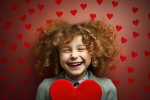 ai generado retrato de un linda pequeño niña con rojo corazón en san valentin día concepto. foto