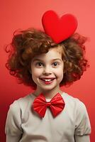 ai generado retrato de un linda pequeño niña con rojo corazón en san valentin día concepto. foto