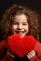 ai generado retrato de un linda pequeño niña con rojo corazón en san valentin día concepto. foto