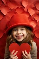 ai generado retrato de un linda pequeño niña con rojo corazón en san valentin día concepto. foto