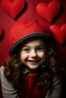 ai generado retrato de un linda pequeño niña con rojo corazón en san valentin día concepto. foto