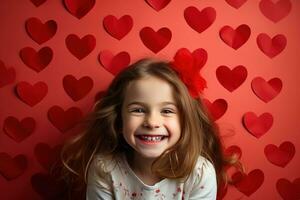 ai generado retrato de un linda pequeño niña con rojo corazón en san valentin día concepto. foto