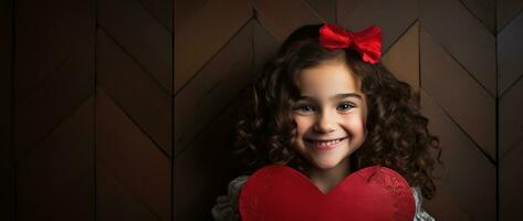 ai generado retrato de un linda pequeño niña con rojo corazón en san valentin día concepto. foto