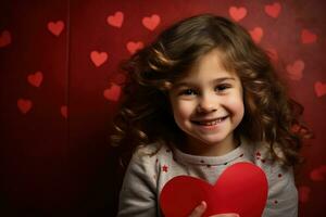 ai generado retrato de un linda pequeño niña con rojo corazón en san valentin día concepto. foto