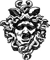 Tympanum Medusa Head is found in the arch of the entrance of the Royal Palace of Tuileries in Paris, vintage engraving. vector