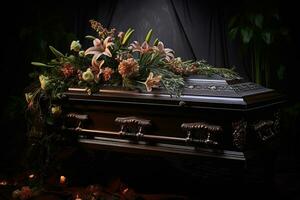 AI generated Funeral casket with flowers on dark background photo