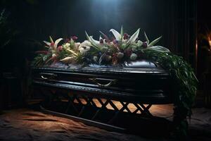 AI generated Funeral casket with flowers on dark background photo