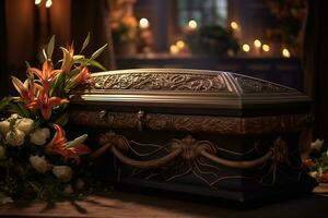 AI generated Funeral casket with flowers on dark background photo