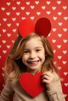 AI generated Portrait of a cute little girl with red heart on Valentines day concept. photo