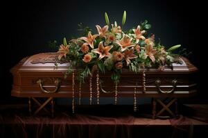 ai generado funeral ataúd con flores en oscuro antecedentes foto