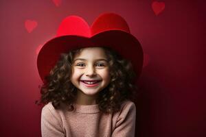 ai generado retrato de un linda pequeño niña con rojo corazón en san valentin día concepto. foto