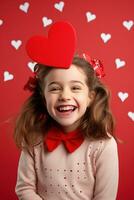 ai generado retrato de un linda pequeño niña con rojo corazón en san valentin día concepto. foto