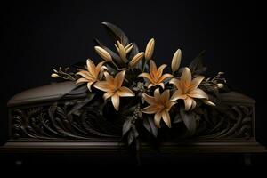 AI generated Funeral casket with flowers on dark background photo