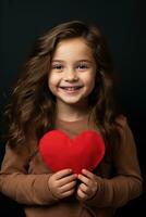 AI generated Portrait of a cute little girl with red heart on Valentines day concept. photo