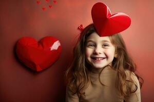 ai generado retrato de un linda pequeño niña con rojo corazón en san valentin día concepto. foto