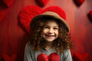 ai generado retrato de un linda pequeño niña con rojo corazón en san valentin día concepto. foto