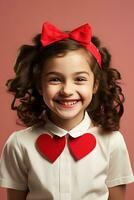 ai generado retrato de un linda pequeño niña con rojo corazón en san valentin día concepto. foto