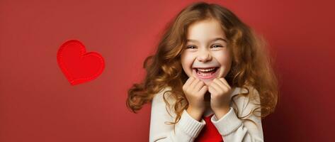 ai generado retrato de un linda pequeño niña con rojo corazón en san valentin día concepto. foto