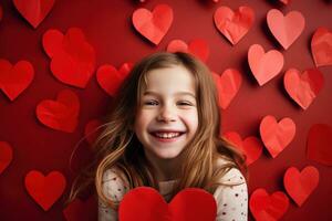 ai generado retrato de un linda pequeño niña con rojo corazón en san valentin día concepto. foto