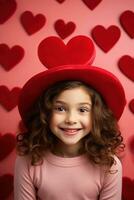 ai generado retrato de un linda pequeño niña con rojo corazón en san valentin día concepto. foto