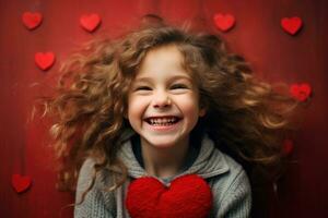 AI generated Portrait of a cute little girl with red heart on Valentines day concept. photo