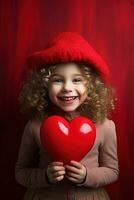 ai generado retrato de un linda pequeño niña con rojo corazón en san valentin día concepto. foto