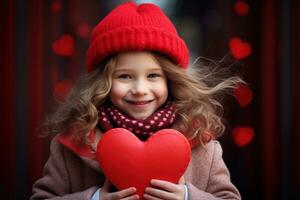 ai generado retrato de un linda pequeño niña con rojo corazón en san valentin día concepto. foto